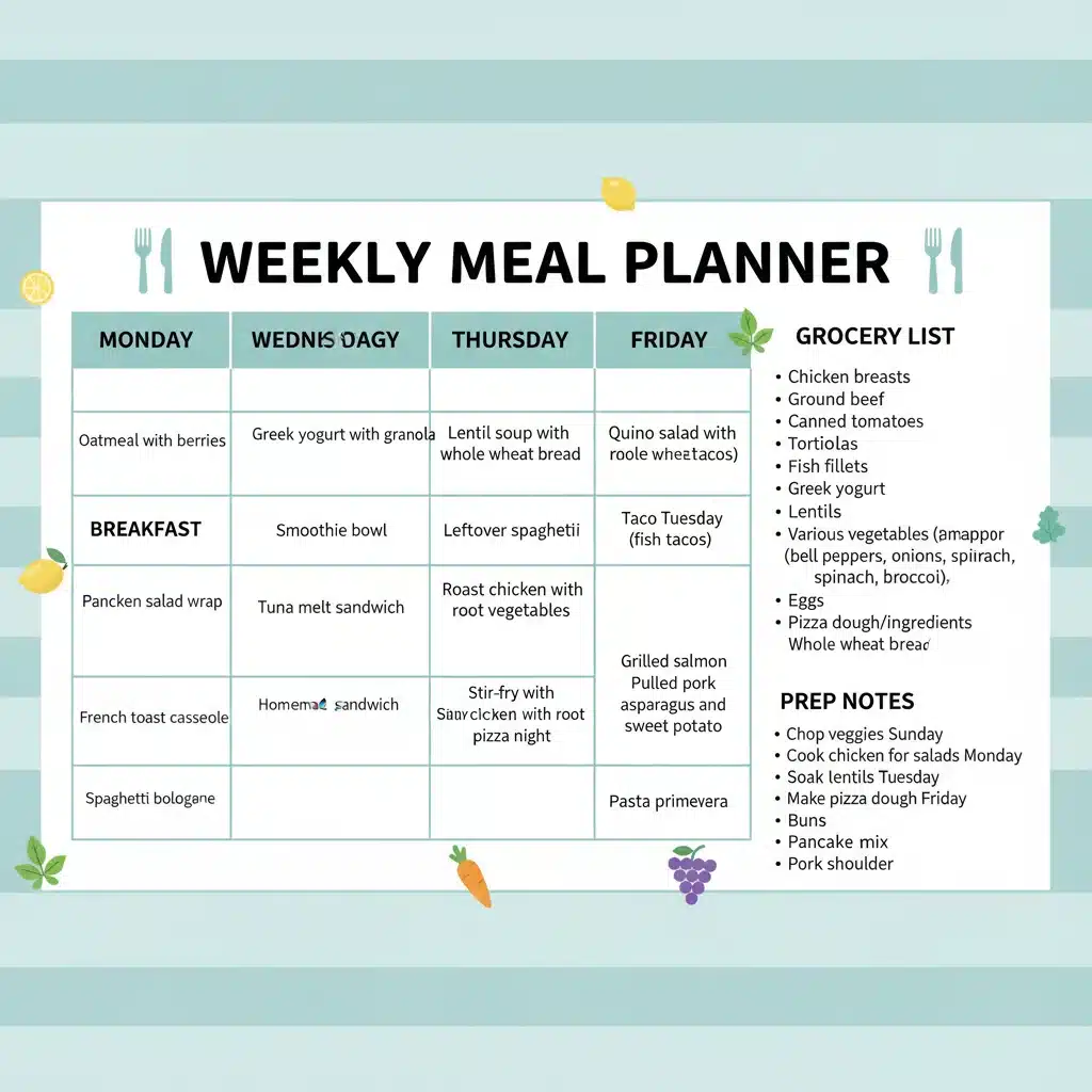 Printable weekly meal planner template filled with meal ideas and grocery list.