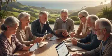 Diverse group of happy retirees reviewing 2026 social security benefits on a tablet.
