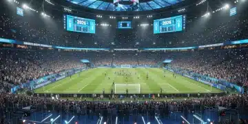 Modern stadium bustling with fans during a 2026 major sporting event, showcasing new venue regulations and enhanced fan experience.
