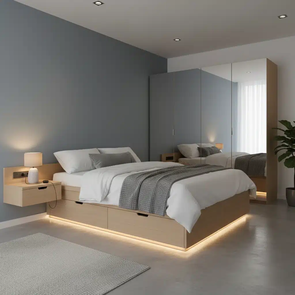 Bedroom with platform bed storage and floating nightstand
