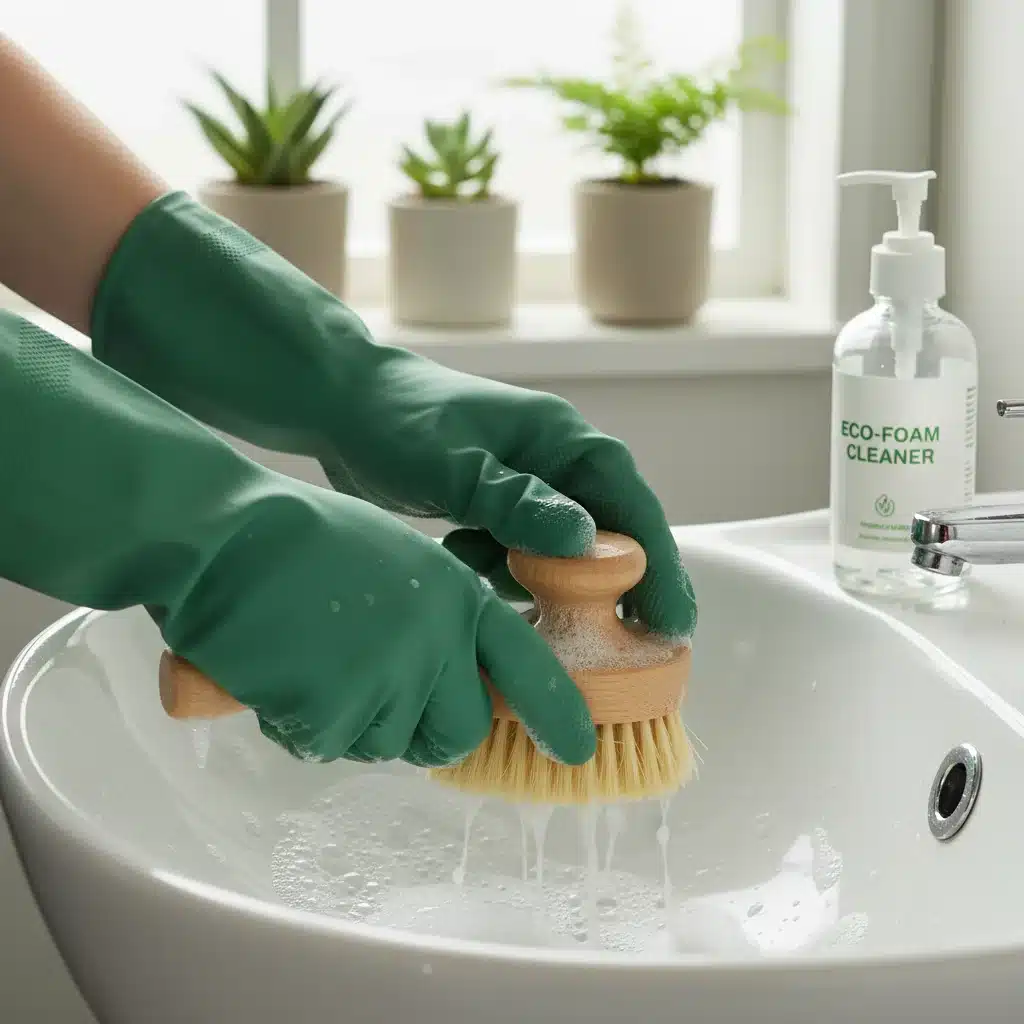 Person cleaning a bathroom sink with eco-friendly products