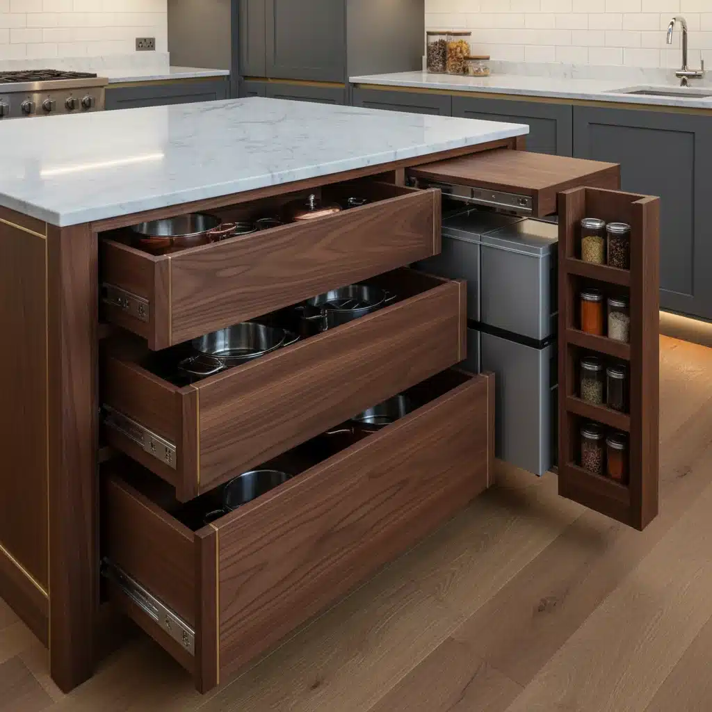 Custom kitchen island with pull-out storage and retractable counter