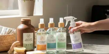 Assortment of eco-friendly cleaning products on a kitchen counter