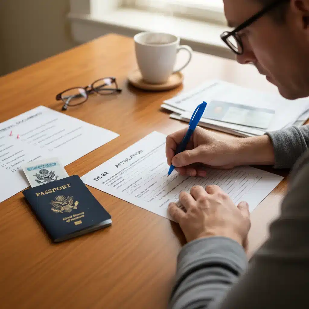 Person carefully filling out DS-82 passport renewal application form