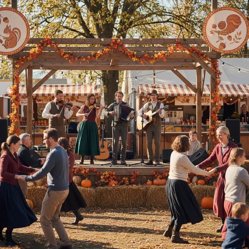 Local folk band performing lively music at an outdoor regional fair, with people dancing and enjoying the festive atmosphere.