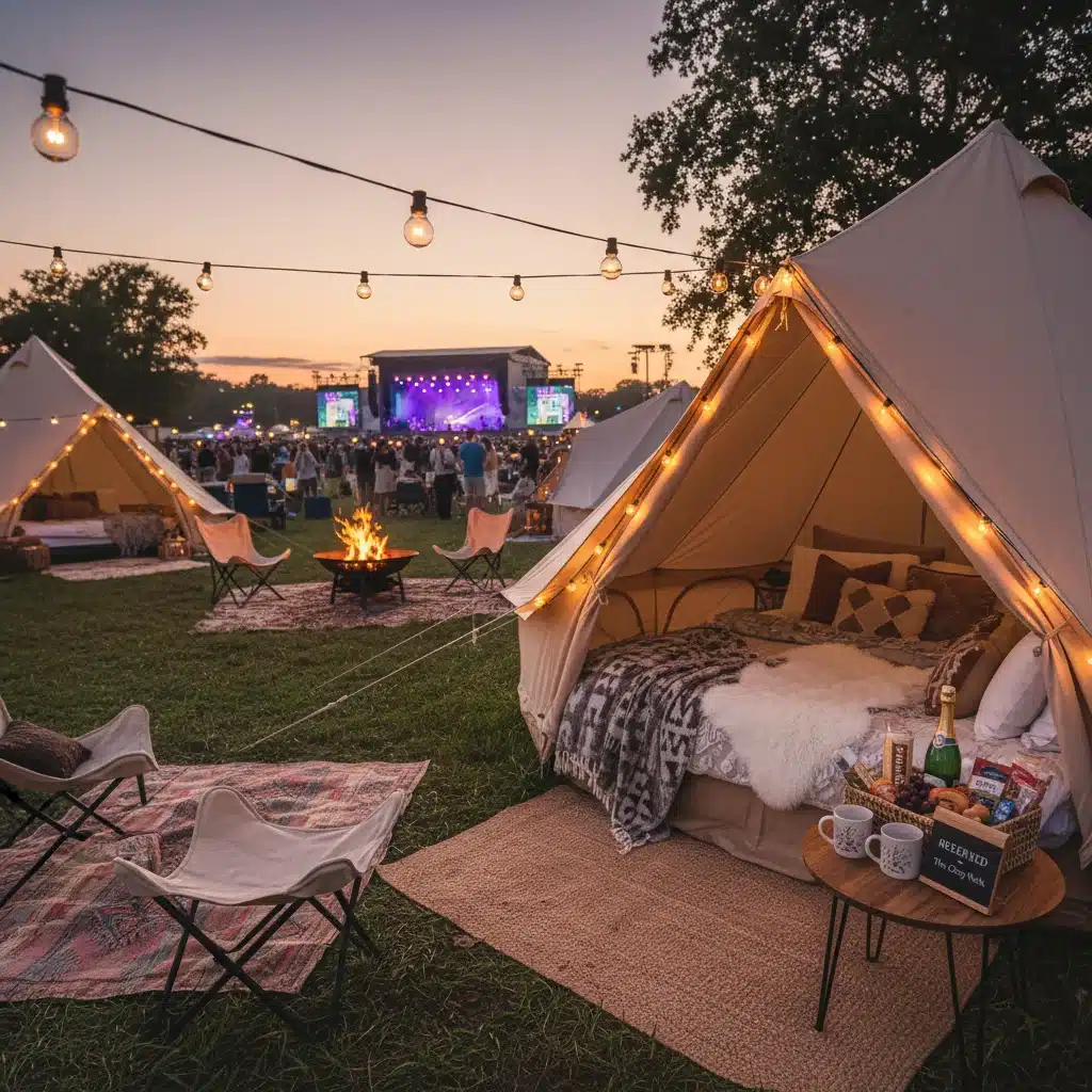 Luxurious glamping tent at a music festival campsite, showcasing comfortable and planned accommodation.