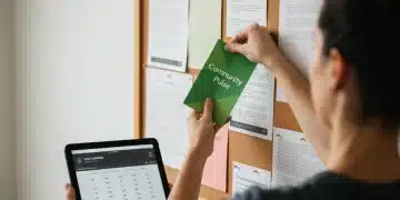 A person's arm placing a green 'Community Pulse' flyer on a cork bulletin board, with a tablet displaying a city calendar in the foreground, contrasting digital and physical event sources.
