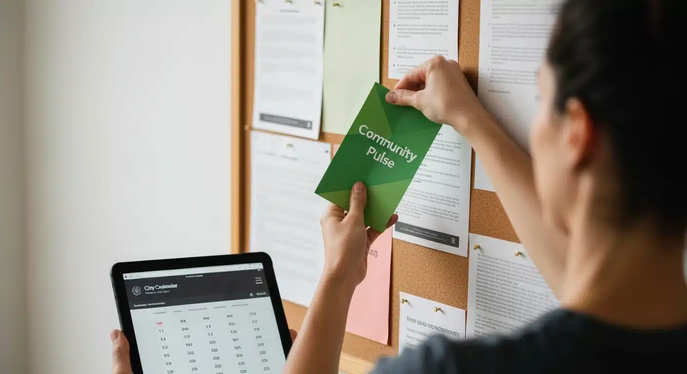 A person's arm placing a green 'Community Pulse' flyer on a cork bulletin board, with a tablet displaying a city calendar in the foreground, contrasting digital and physical event sources.