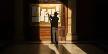A person engaging with a brass community events board in a historic city hall, illuminated by a dramatic beam of light, symbolizing civic engagement and navigating local services.