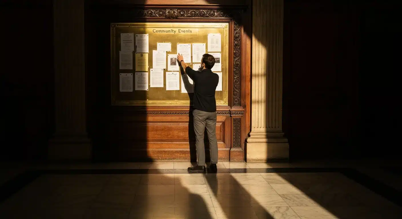 A person engaging with a brass community events board in a historic city hall, illuminated by a dramatic beam of light, symbolizing civic engagement and navigating local services.