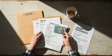 A person organizing a utility checklist, government ID, and lease agreement on a wooden table, emphasizing essential public service documentation for residents.