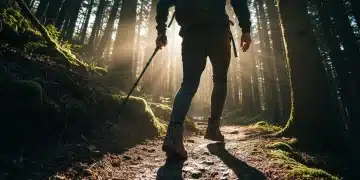 A person hiking on a forest trail with dramatic sunlight, highlighting community engagement and local outdoor activities.