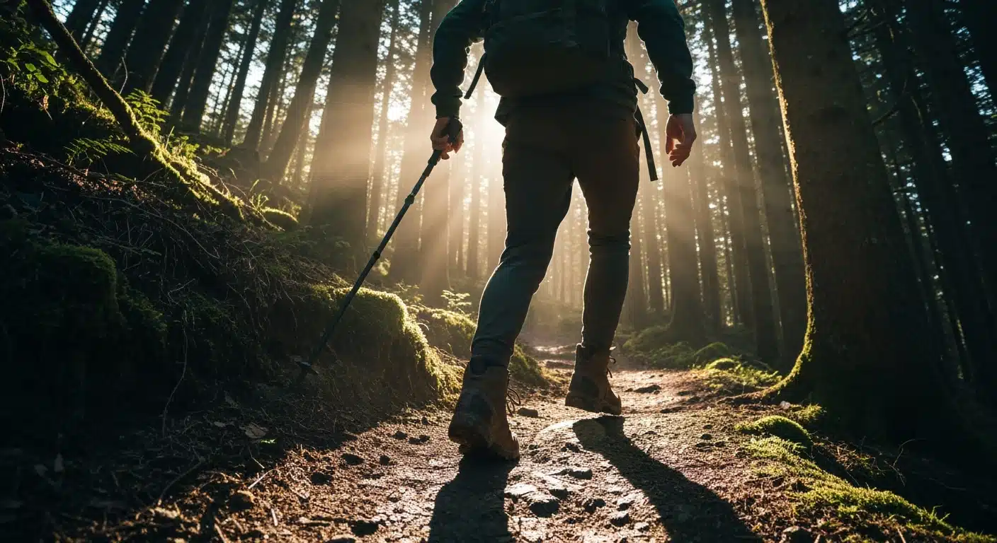 A person hiking on a forest trail with dramatic sunlight, highlighting community engagement and local outdoor activities.