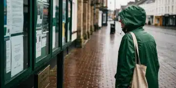 A person in a green rain jacket looks at a community bulletin board on a damp brick sidewalk, showcasing local events and services in an old town square.