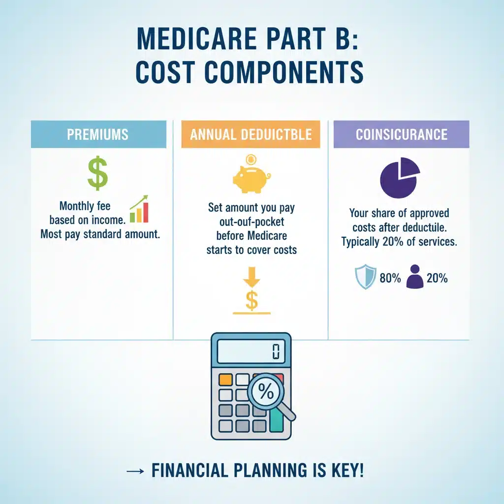 Infographic showing Medicare Part B costs: premiums, deductibles, and coinsurance breakdown
