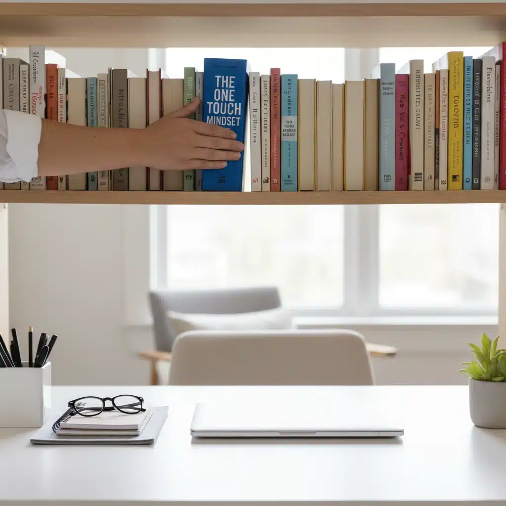 Hand organizing books on a shelf following the one-touch rule