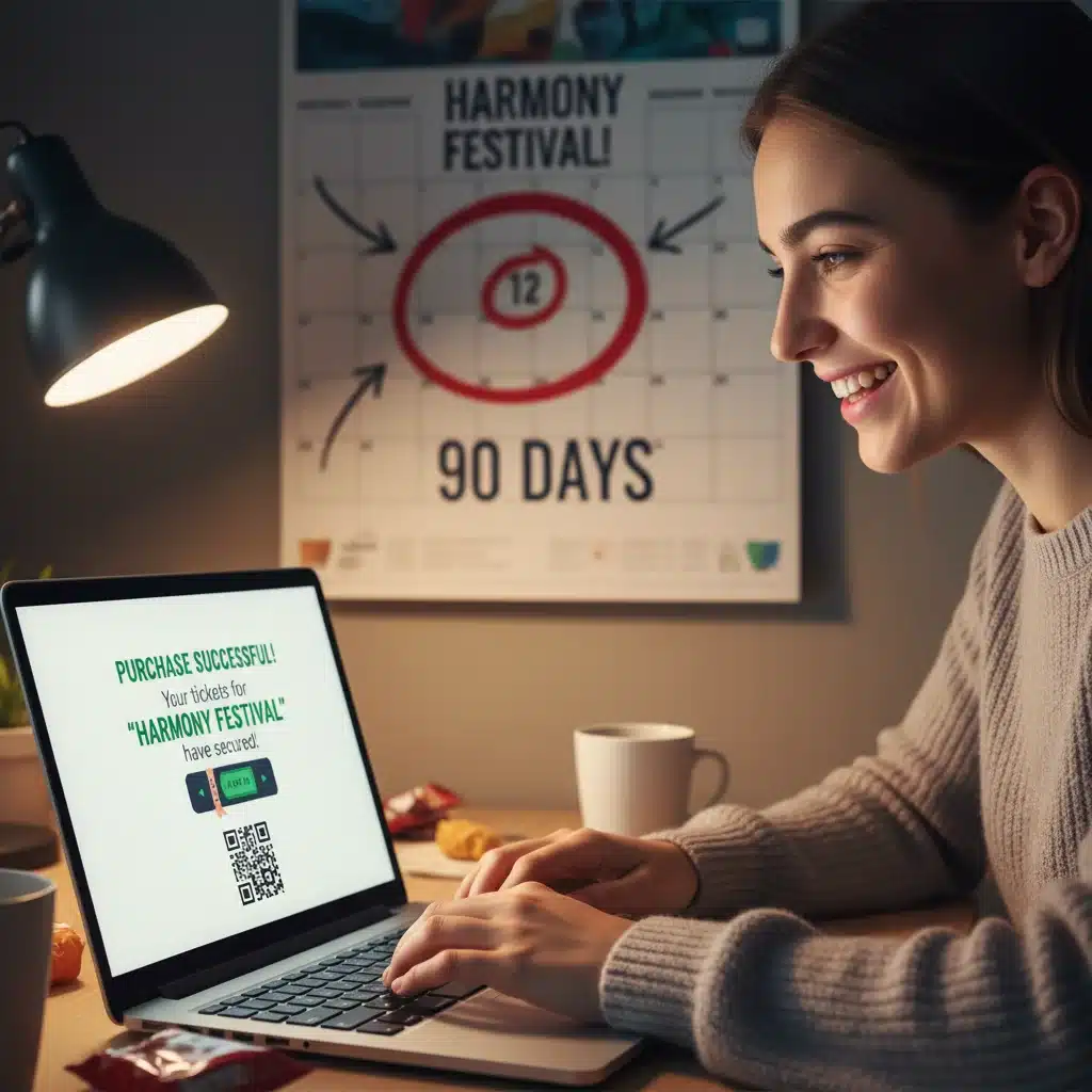 Person happily buying music festival tickets online with a 3-month planning calendar visible.