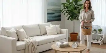 Organized living room with a person smiling after a 10-minute daily decluttering session