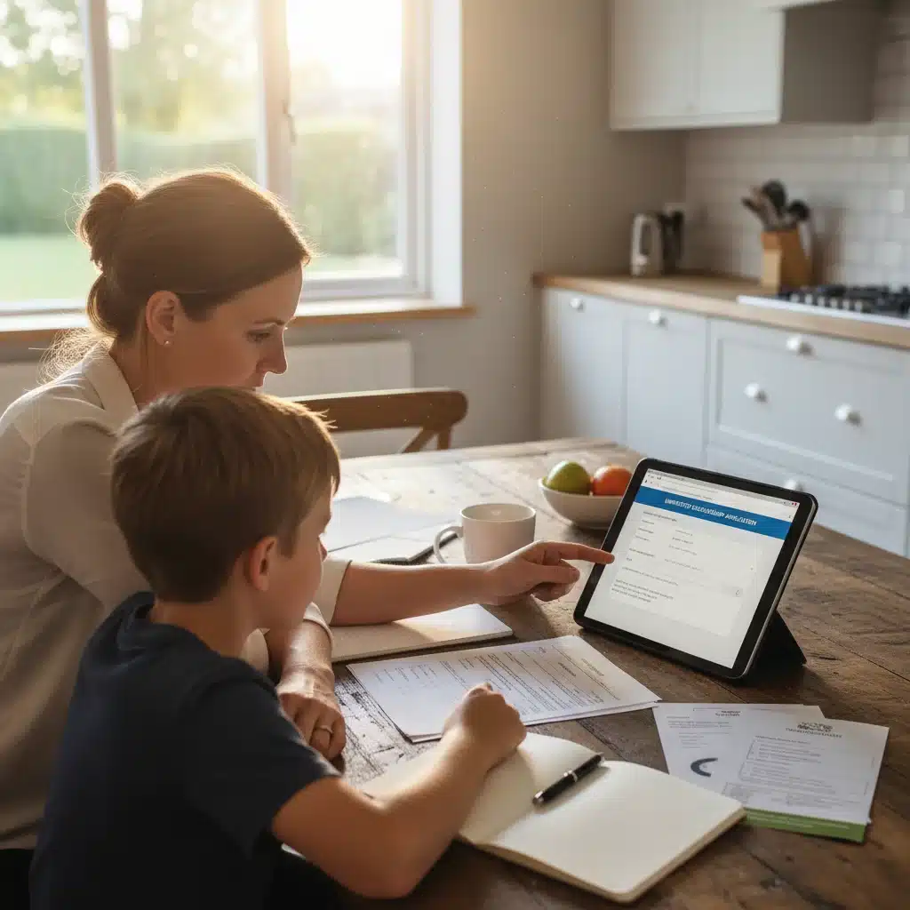 Parent and child reviewing federal preschool application online, demonstrating preparation.
