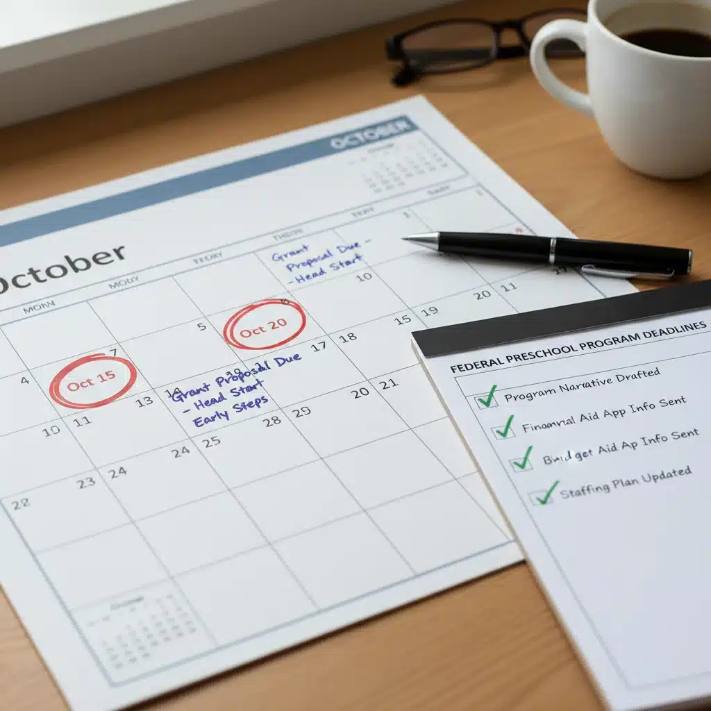 Calendar with circled dates and a checklist for federal preschool deadlines, emphasizing organization.