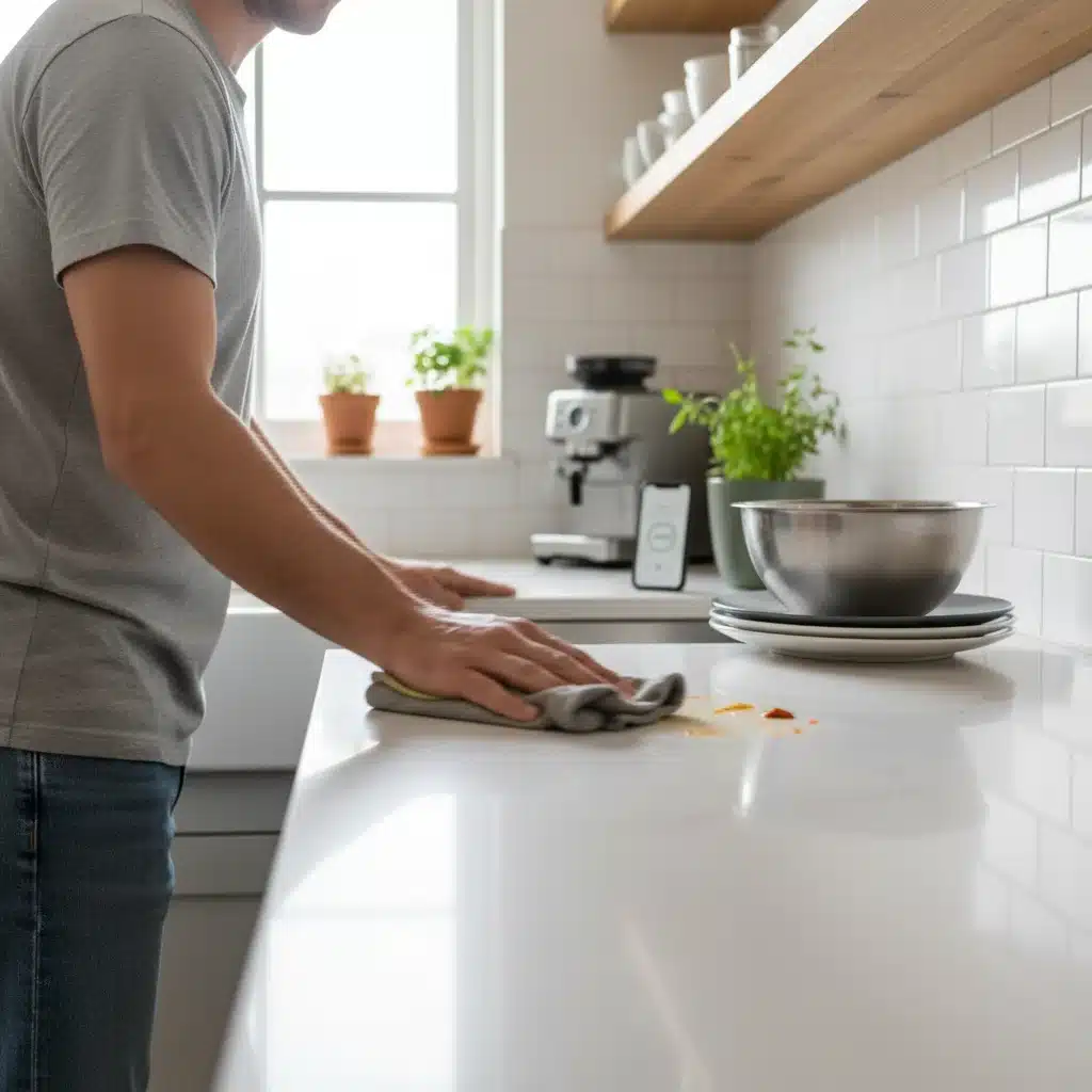 Person quickly wiping kitchen counter, demonstrating efficiency in daily tidying