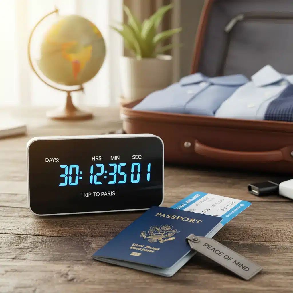 Renewed U.S. passport and plane tickets with a digital travel countdown
