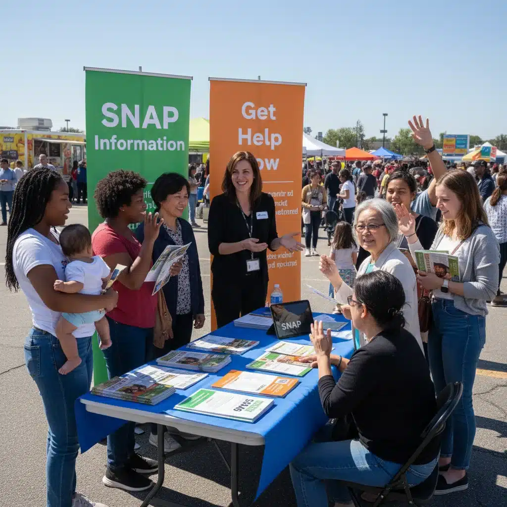 Community members getting assistance from SNAP representative at outreach event