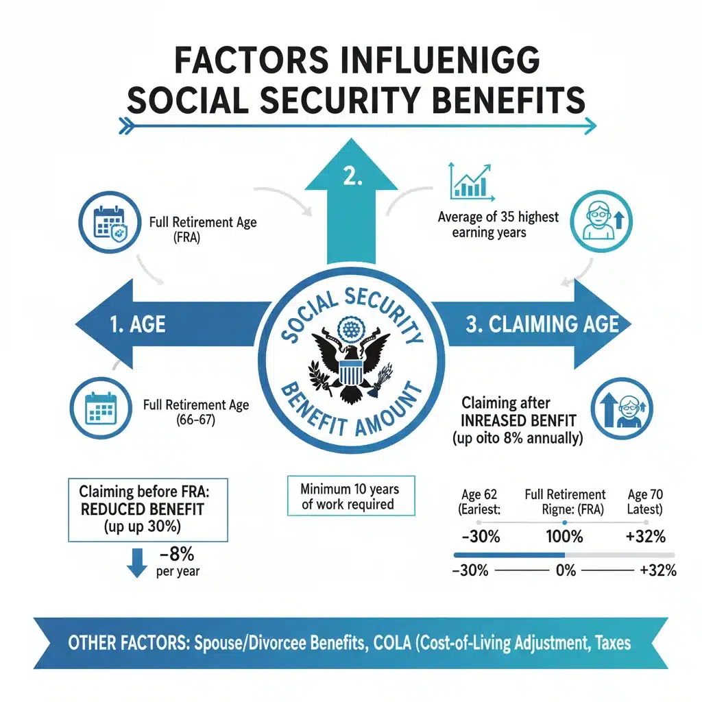 Infographic illustrating factors affecting social security benefit calculations.
