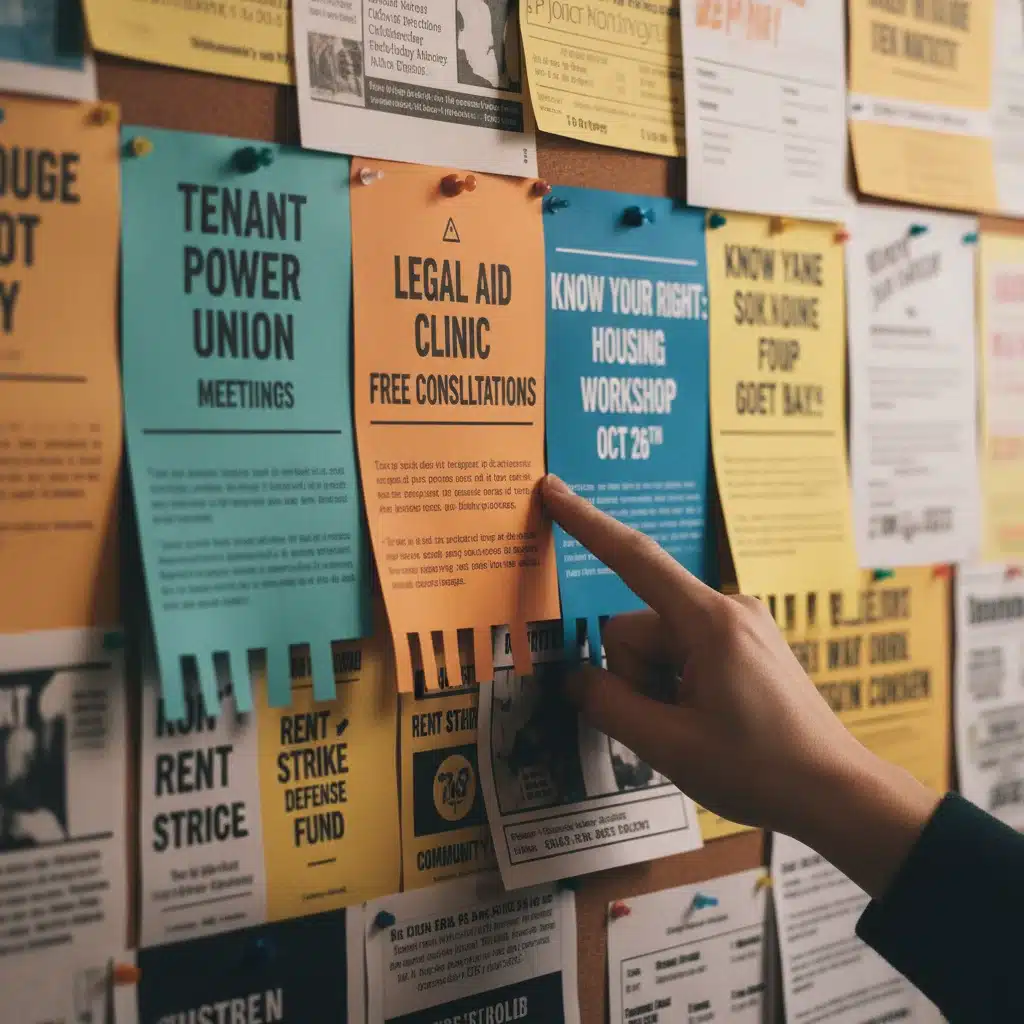 Community bulletin board with tenant advocacy resources and legal aid information