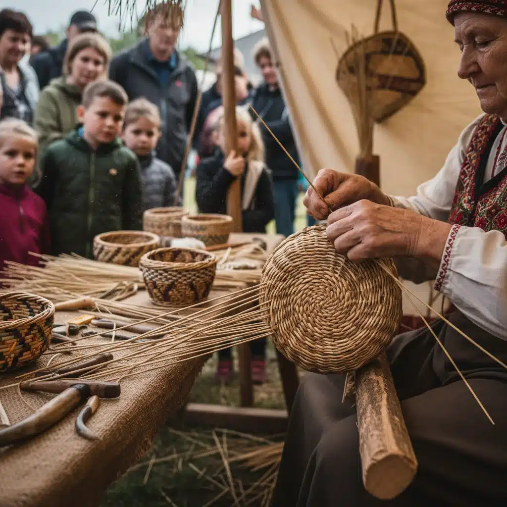 Craftsperson demonstrating traditional weaving at a regional fair, showcasing local artistry and heritage.