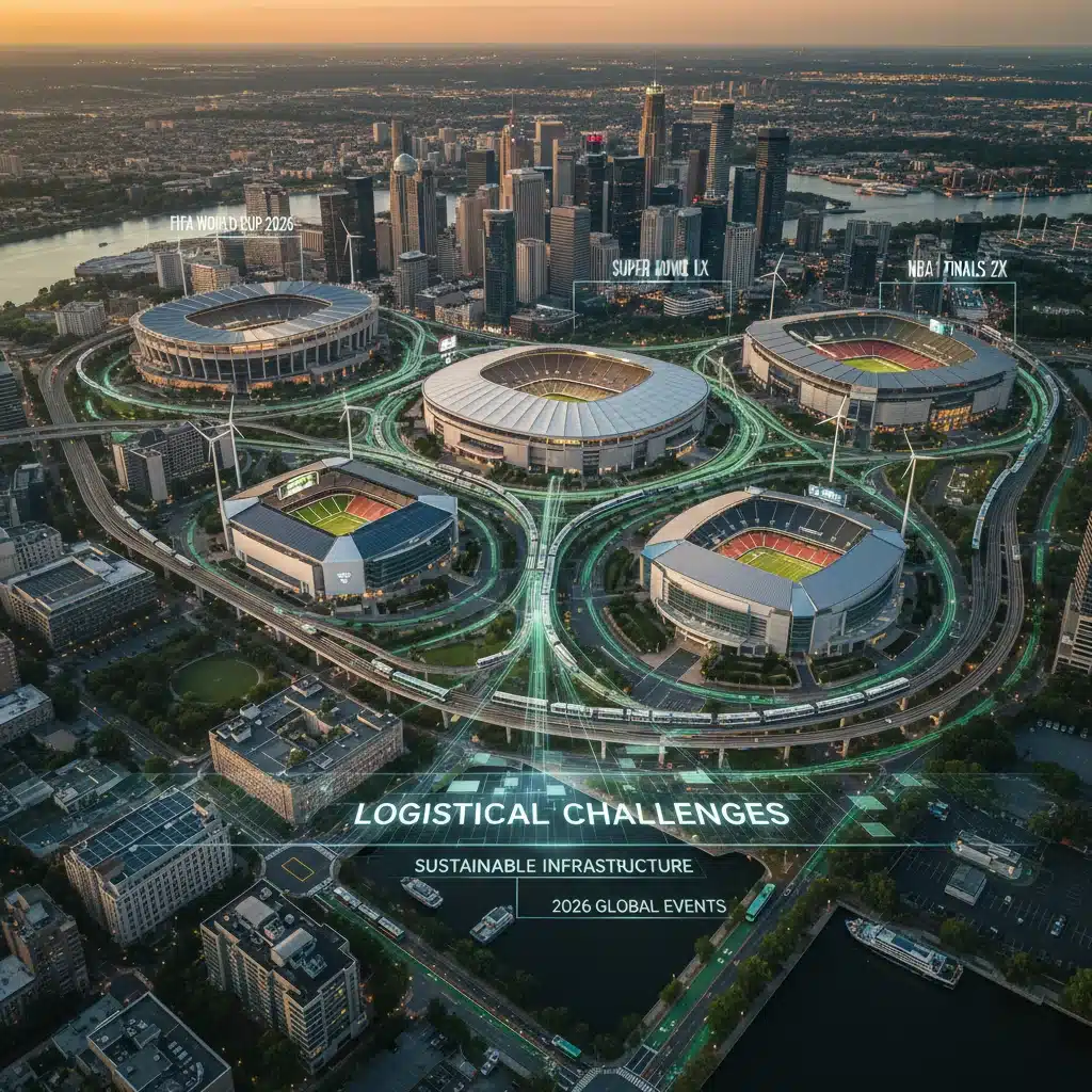 City skyline with multiple sports venues, illustrating logistical planning for U.S. sporting events in 2026.