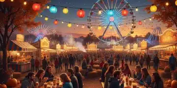 Vibrant regional fair at dusk with Ferris wheel and food stalls, capturing the festive atmosphere of a U.S. fall event.
