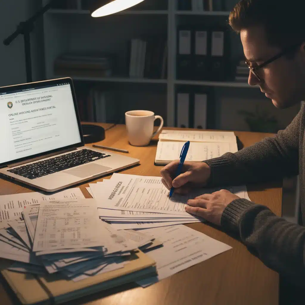 Person meticulously filling out federal housing assistance application forms.