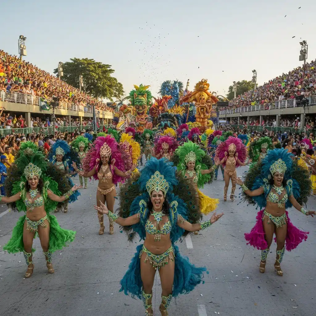 Samba dancers in elaborate costumes at Brazilian Carnival parade
