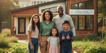 Family smiling in front of a new home, symbolizing federal housing assistance success.