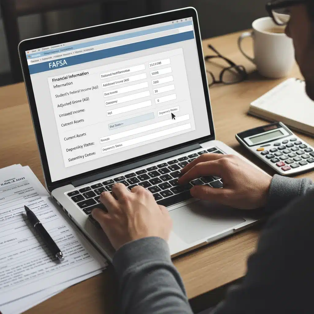 Person filling out FAFSA form on laptop for federal student aid.