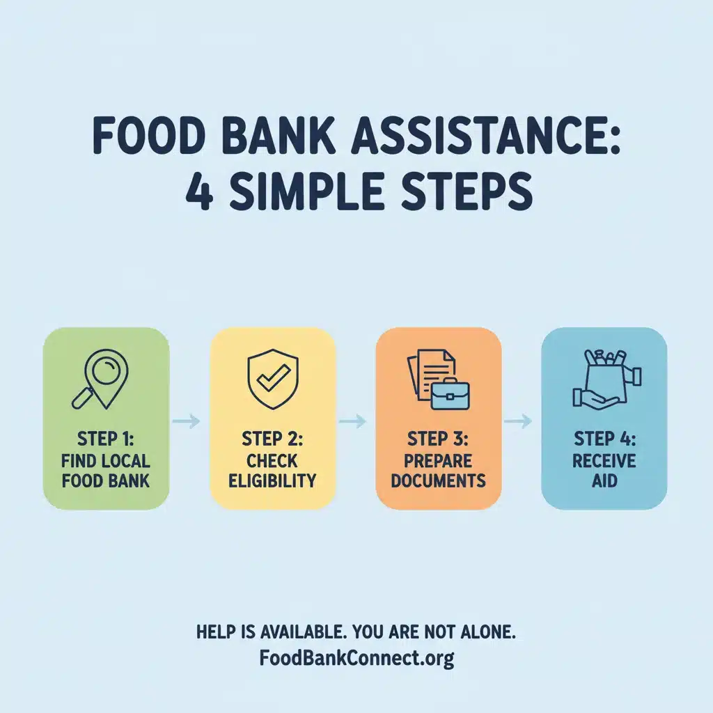Infographic showing the four-step process for applying for food bank assistance, including finding a local food bank and preparing documents.