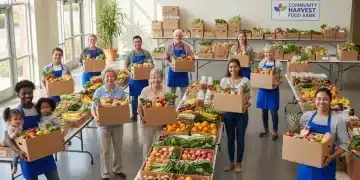 Families and individuals receiving fresh groceries from volunteers at a food bank distribution center, symbolizing community support and food assistance.