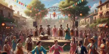 Diverse crowd celebrating at a global cultural festival with colorful decorations