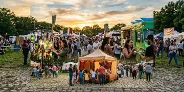 A vibrant outdoor community festival at sunset, showcasing diverse groups of people engaging with food trucks, art installations, and artisan crafts, illustrating the evolution of local gatherings.