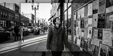 A person in a green jacket walking past a lively community bulletin board filled with event flyers in a sunlit city street, discovering local happenings.