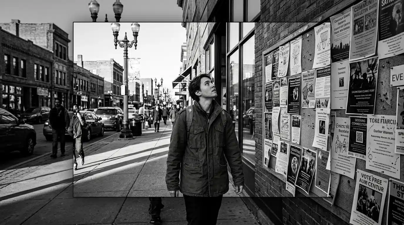 A person in a green jacket walking past a lively community bulletin board filled with event flyers in a sunlit city street, discovering local happenings.