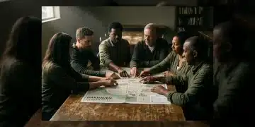 A diverse group of people's hands resting on an unfolded map of a local neighborhood on a wooden table, emphasizing community well-being and local engagement.