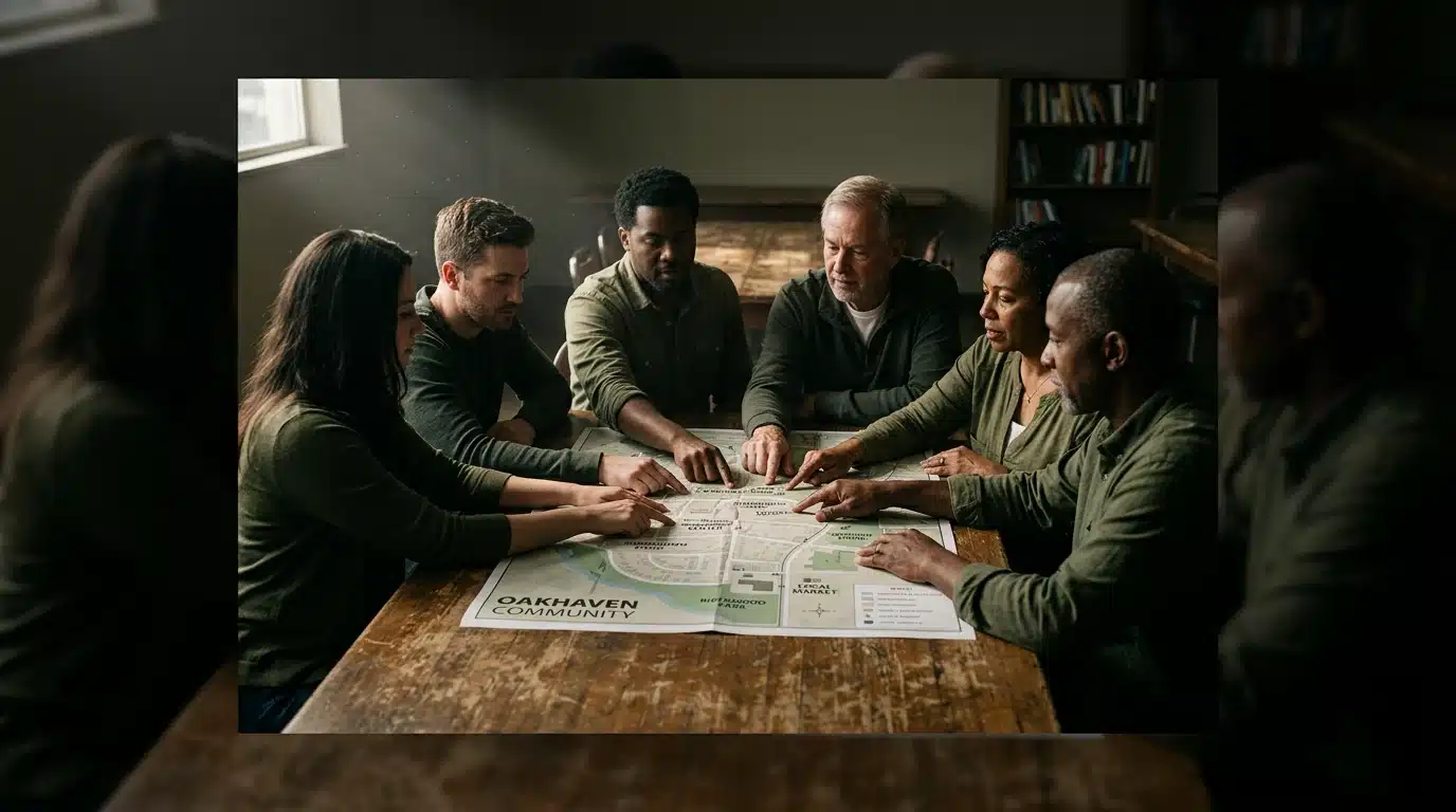 A diverse group of people's hands resting on an unfolded map of a local neighborhood on a wooden table, emphasizing community well-being and local engagement.