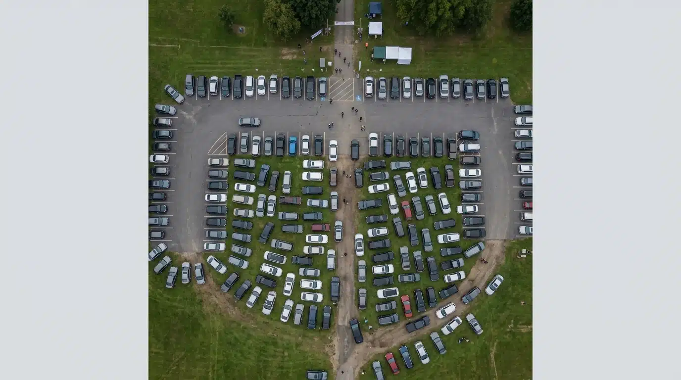 Aerial view of a crowded event parking lot with cars poorly parked on grass and asphalt, emphasizing logistical challenges before a community event.
