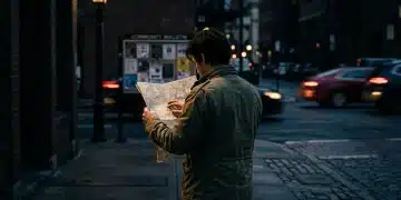 A person in a dark green jacket examines a worn street map under dramatic lighting, with blurred city traffic and a community bulletin board in the background, illustrating urban daily life challenges.