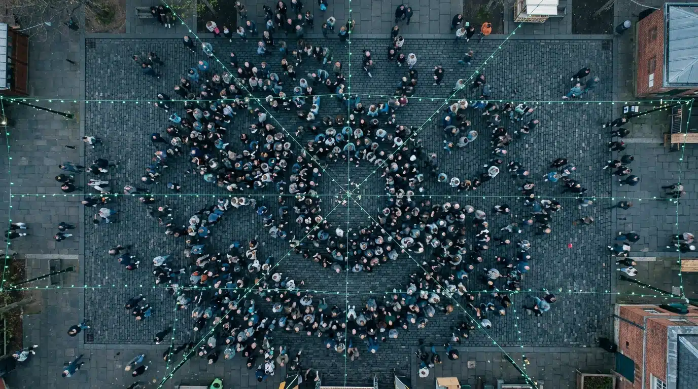 An aerial drone shot of a regional community festival, with hundreds of people forming geometric patterns on cobblestones under overcast skies, highlighting community well-being and social connection.