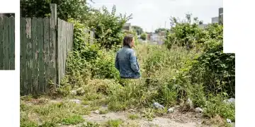 A woman observes a neglected urban green space, hands in pockets, contemplating community improvement, in bright editorial photography style.