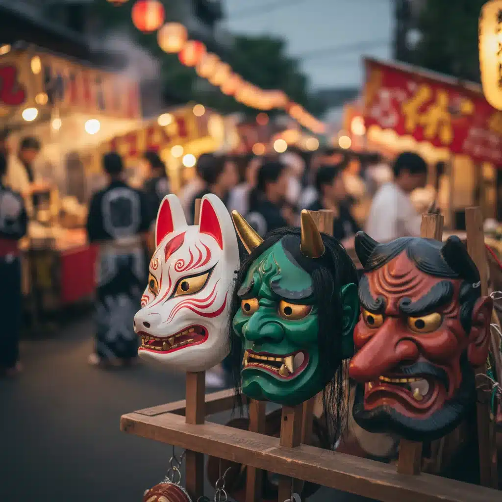 Intricate traditional Japanese festival masks on display