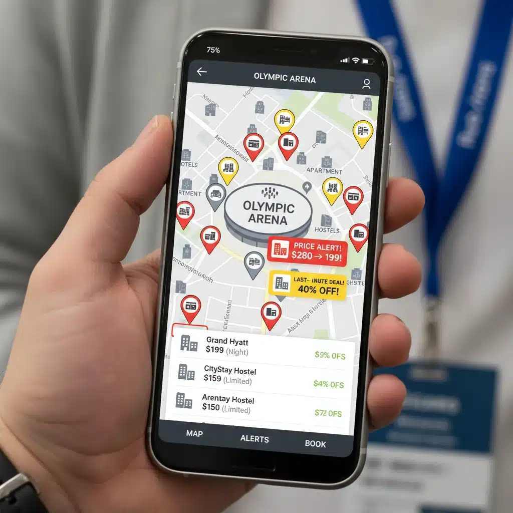 Mobile app displaying accommodation deals near event venues